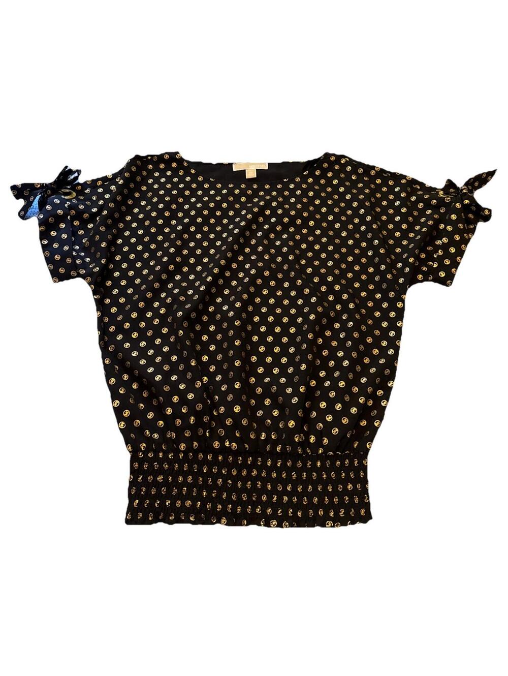 WOMEN'S MICHAEL KORS ELASTIC WAIST TAB SHORT SLEEVE TOP/BLOUSE BLACK GOLD Sz XS